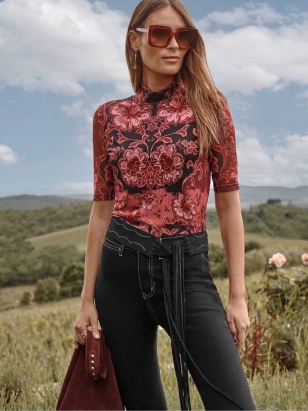 Johnny Was Burgundy Mesh Elbow Sleeve Mock Neck Scilla Blouse